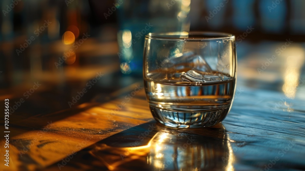 a glass of water sitting on top of a wooden table next to a glass of water with ice cubes on the edge of the glass and a wooden table. a glass of water sitting on top of a wooden table next to a glass of water with ice cubes on the edge of the glass and a wooden table.