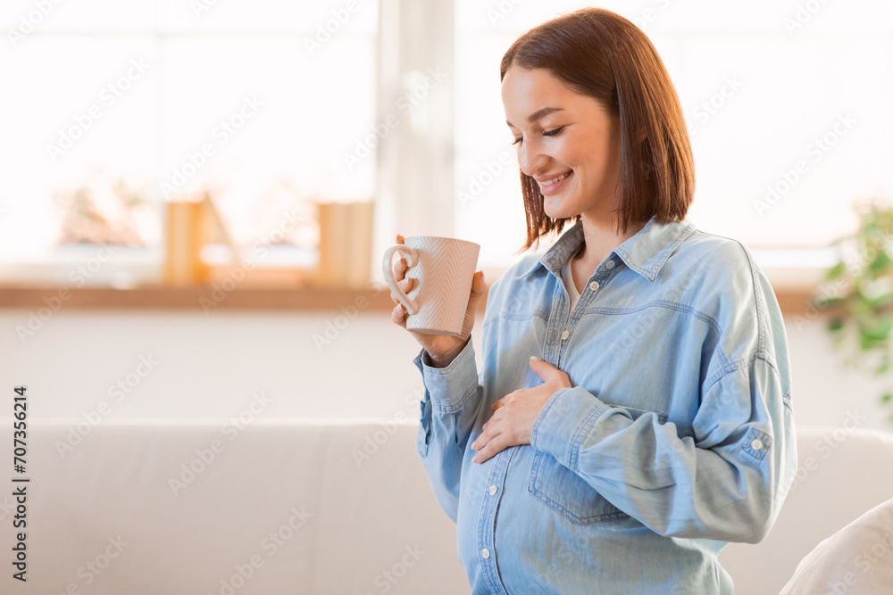 Young Pregnant Woman Enjoying Drinking Hot Tea Standing Indoor Young Pregnant Woman Enjoying Drinking Hot Tea Standing Indoor