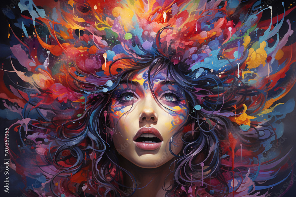 An explosive burst of colors and shapes, symbolizing the chaotic beauty of a mind in creative overdrive, each stroke telling a unique story of thoughts colliding.