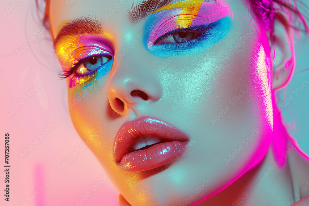 Fashion model woman face with fantasy art make-up. Bold makeup, glance Fashion art portrait, incorporating neon colors. Advertising design for cosmetics, beauty salon. content.