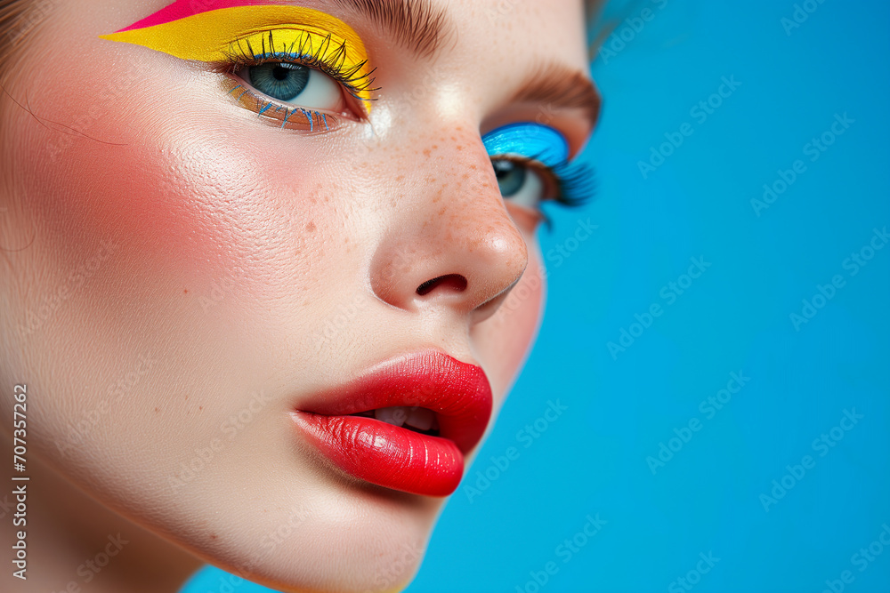 Fashion model woman face with fantasy art make-up. Bold makeup, glance Fashion art portrait, incorporating neon colors. Advertising design for cosmetics, beauty salon. content. Fashion model woman face with fantasy art make-up. Bold makeup, glance Fashion art portrait, incorporating neon colors. Advertising design for cosmetics, beauty salon. content.