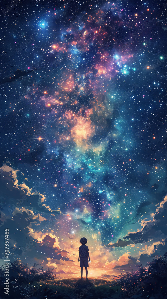 Fototapeta premium stars hanging in the sky. man standing. beauty background.. pretty background