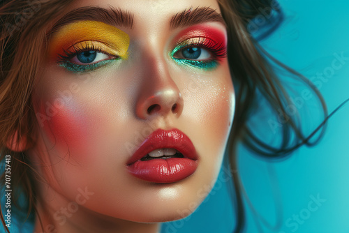 Fashion model woman face with fantasy art make-up. Bold makeup, glance Fashion art portrait, incorporating neon colors. Advertising design for cosmetics, beauty salon. content. © Nataliia_Trushchenko