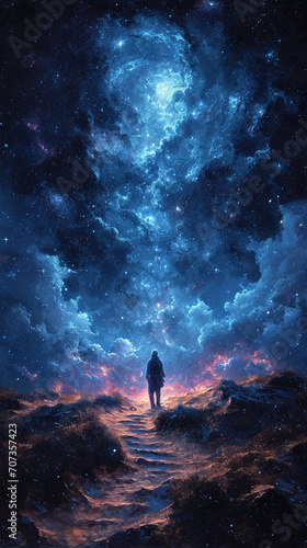 stars hanging in the sky. man standing. beauty background.. pretty background