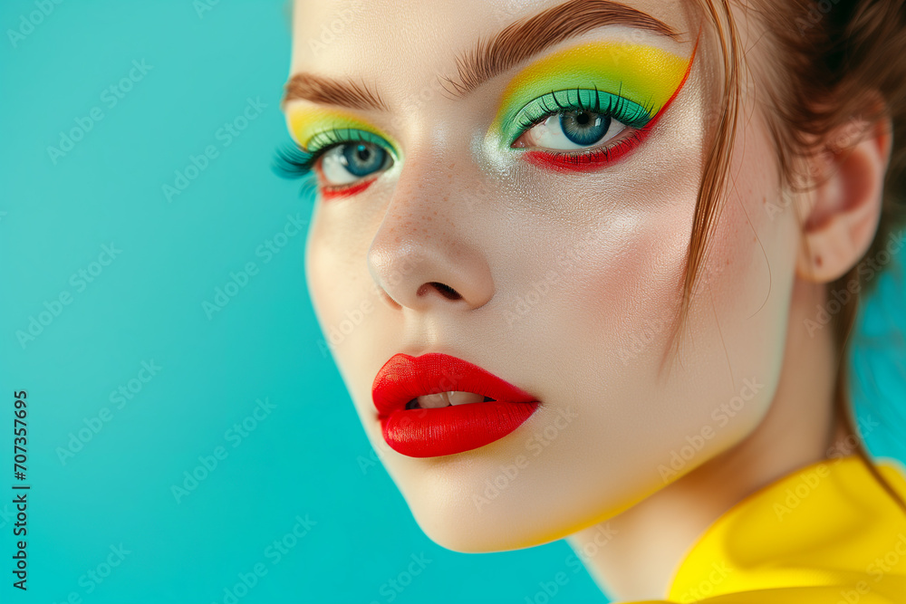 Fashion model woman face with fantasy art make-up. Bold makeup, glance Fashion art portrait, incorporating neon colors. Advertising design for cosmetics, beauty salon. content. Fashion model woman face with fantasy art make-up. Bold makeup, glance Fashion art portrait, incorporating neon colors. Advertising design for cosmetics, beauty salon. content.
