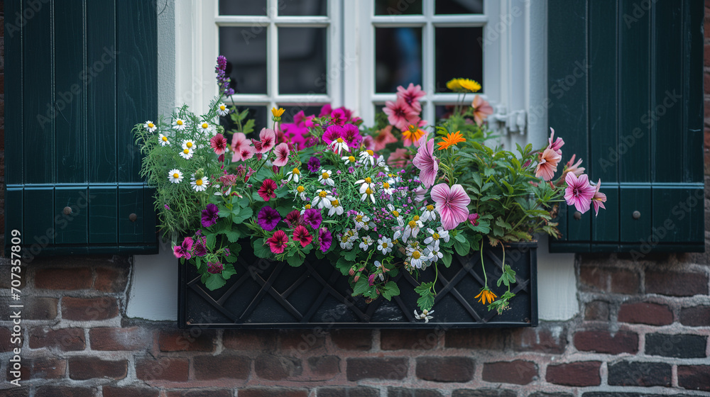 A charming window box filled with blooming flowers, enhancing the beauty of a city street