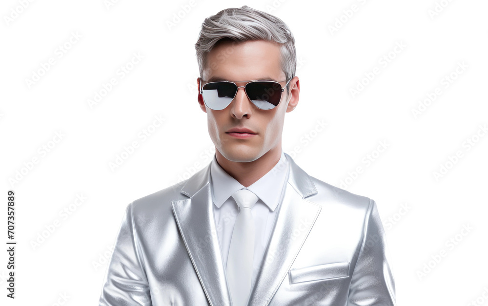 Portrait of man in Platinum Panache suit isolated on white background.