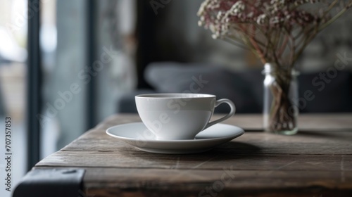  a white coffee cup sitting on top of a wooden table next to a vase with flowers in a vase on top of a wooden table next to a wooden table.