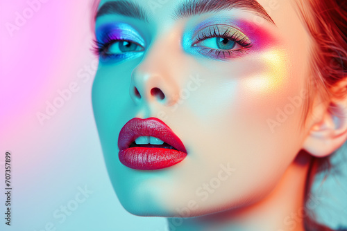 Fashion model woman face with fantasy art make-up. Bold makeup  glance Fashion art portrait  incorporating neon colors. Advertising design for cosmetics  beauty salon. content.