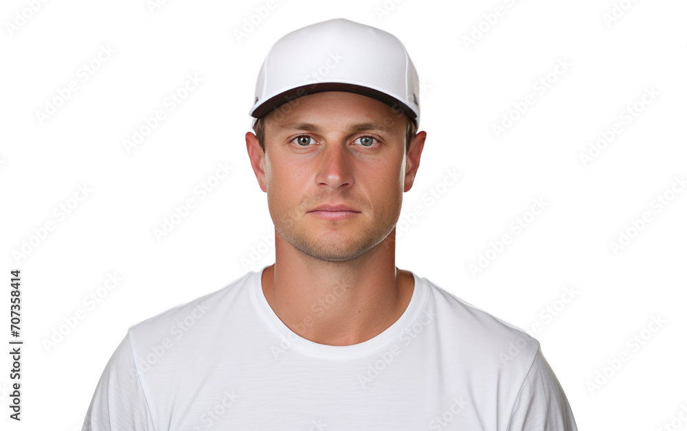 Portrait of man wearing a Baseball cap and white shirt isolated on white background.