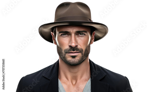 Portrait of man wearing a black Fedora hat isolated on white background.