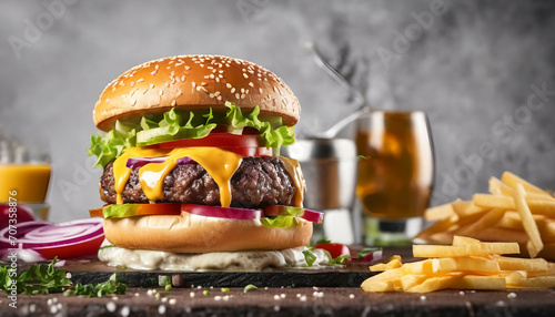 Many ingredients tasty cheeseburger with delicious burger