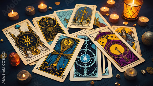 Tarot cards lie scattered and spread across a table top surrounded by candles and occult items.Generative AI