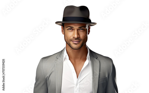 Portrait of man wearing a Trilby hat isolated on white background.