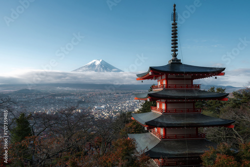 Mount Fuji and Chureito Pagoda in autumn season, Fujiyoshida, Japan.