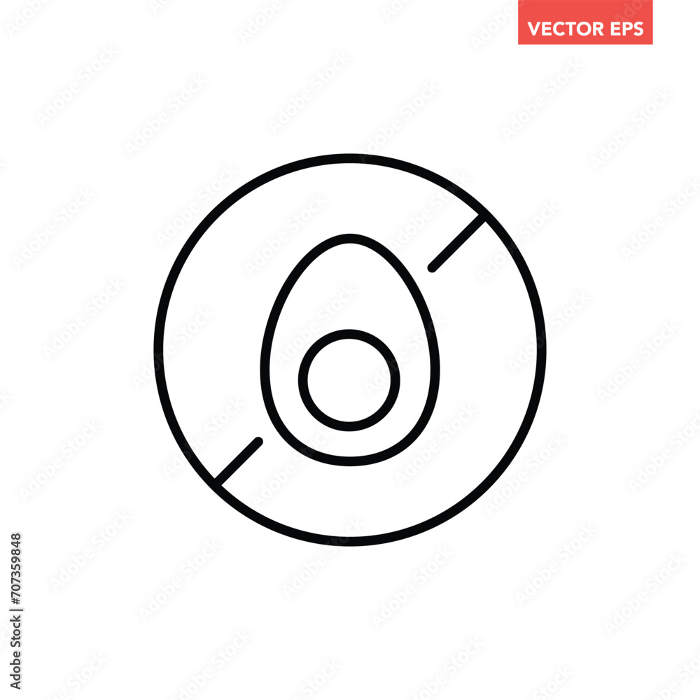 Single black round egg free thin line icon, simple allergen ingredient no contain mark flat design pictogram, infographic vector for app logo web button ui ux interface isolated on white background Single black round egg free thin line icon, simple allergen ingredient no contain mark flat design pictogram, infographic vector for app logo web button ui ux interface isolated on white background