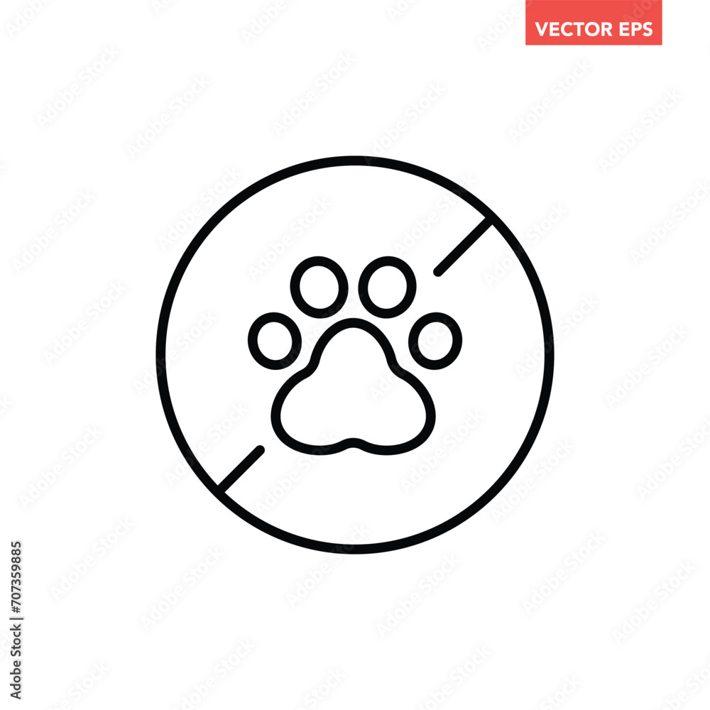 Single black round no pet allowed thin line icon, simple pets prohibition badge flat design pictogram, infographic vector for app logo web button ui ux interface isolated on white background Single black round no pet allowed thin line icon, simple pets prohibition badge flat design pictogram, infographic vector for app logo web button ui ux interface isolated on white background