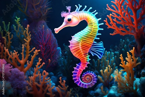 A delicate, neon seahorse gliding through underwater corals, its translucent body illuminated in a spectrum of neon colors.