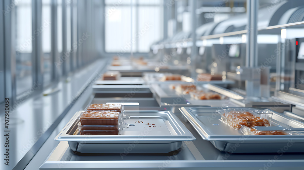 Uma linha de processamento de alimentos moderna com maquinaria automatizada demonstrando a eficiência e precisão envolvidas na produção em massa de alimentos embalados - obrazy, fototapety, plakaty 
