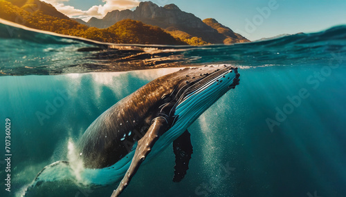 The moment a humpback whale dives into the ocean. its body or tail above the surface of the ocean