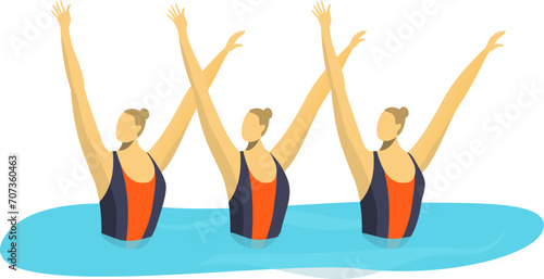 Three female synchronized swimmers raising arms in pool. Athletes in swimwear perform water ballet. Teamwork in aquatic sports vector illustration.