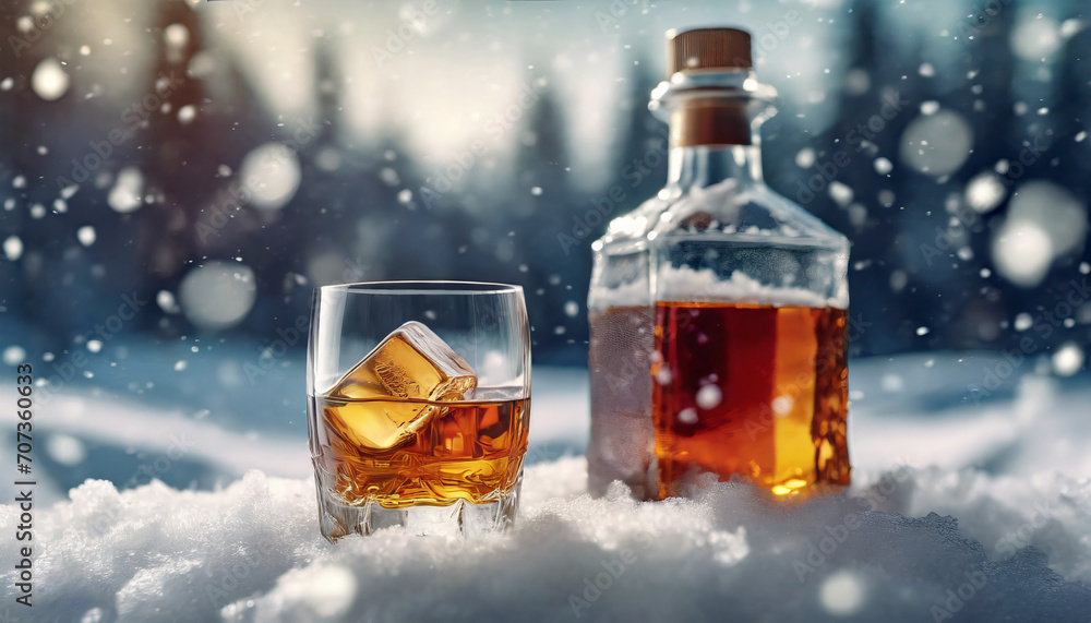 a glass of whiskey with ice and bottle of whiskey in the snow, blurry background
a glass of whiskey with ice and bottle of whiskey in the snow, blurry background