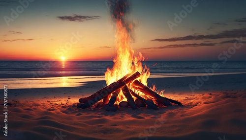 bonfire at the beach, with sunset view at background

