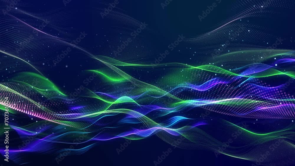 Waves run on the surface. The surface is formed by glowing particles. The looping motion design animation is huge scene with a wide angle. Suitable for festive events and presentations. DOF blue green Waves run on the surface. The surface is formed by glowing particles. The looping motion design animation is huge scene with a wide angle. Suitable for festive events and presentations. DOF blue green