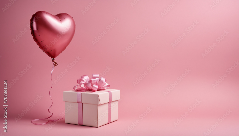 beautiful stylish box with a bow on a pink background, a heart-shaped balloon. the best holiday gift for your beloved, February 14, March 8. greeting card with place for text