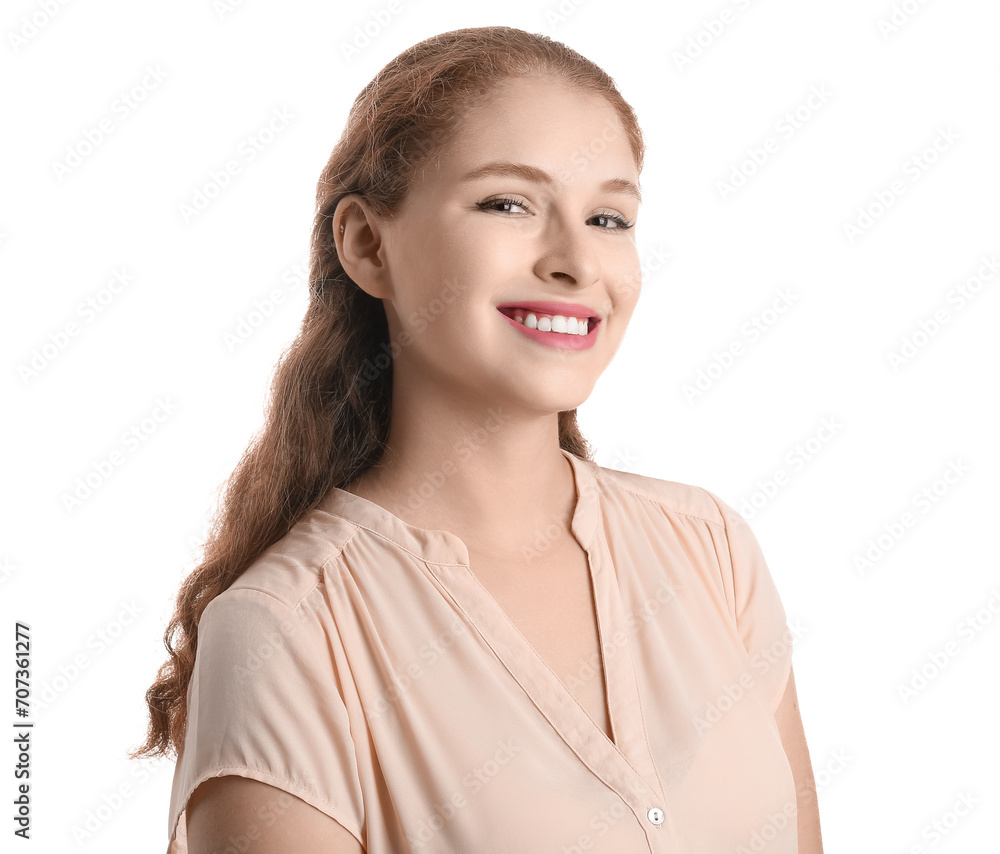 Portrait of happy redhead woman on white background Portrait of happy redhead woman on white background