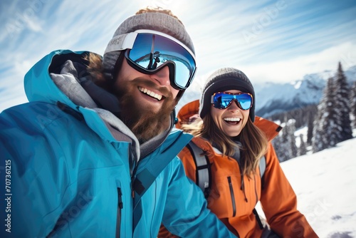 Happy couple of snowboarders having fun. Lift. Winter holidays at a ski resort
