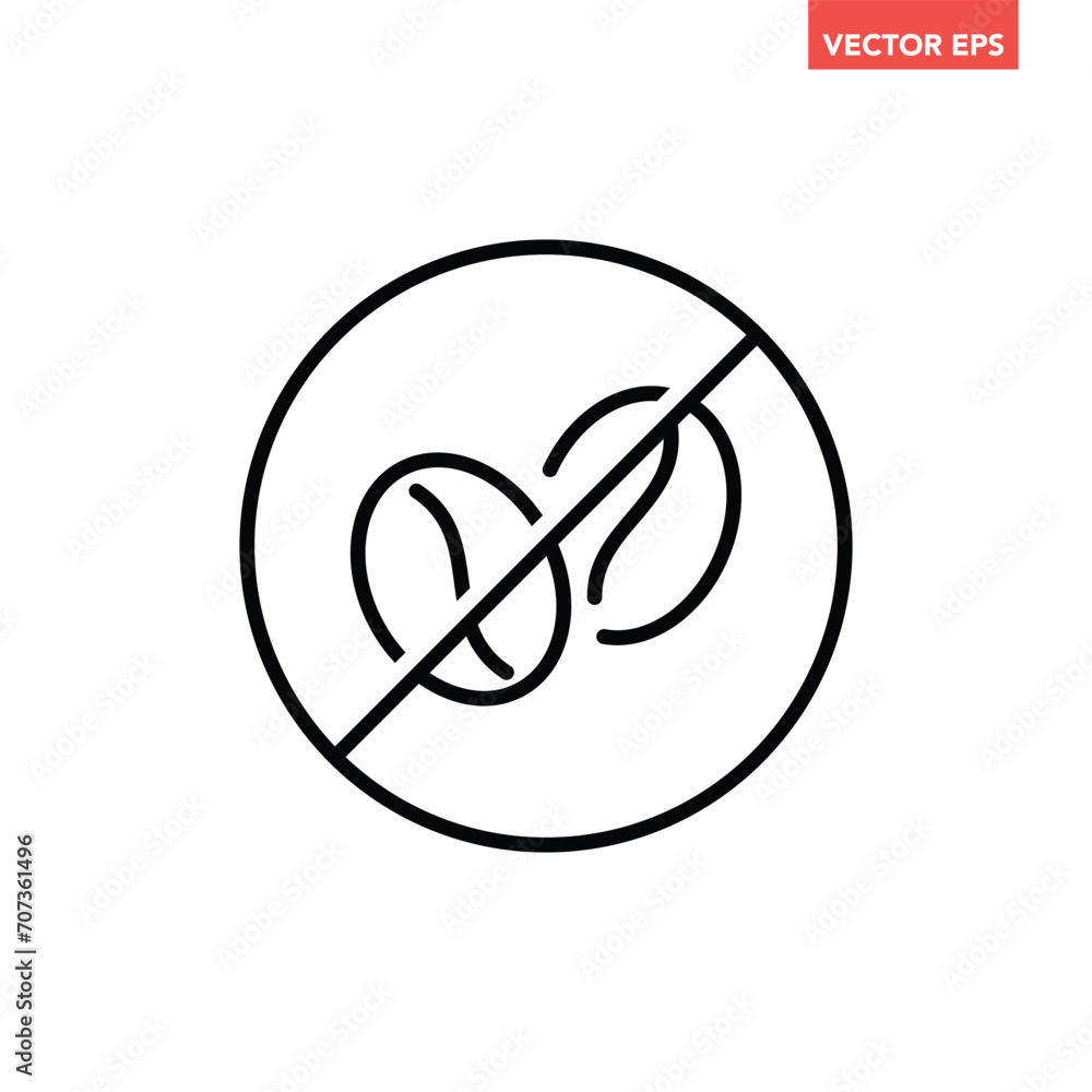 Black single round caffeine free thin line icon, simple allergy ingredient no contain flat design pictogram, infographic vector app logo web button ui interface elements isolated on white background Black single round caffeine free thin line icon, simple allergy ingredient no contain flat design pictogram, infographic vector app logo web button ui interface elements isolated on white background