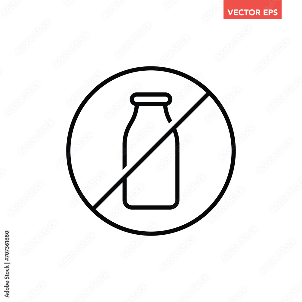 Black single lactose free badge thin line icon, simple ingredient no contain mark flat design pictogram, infographic vector for app logo web button ui ux interface isolated on white background Black single lactose free badge thin line icon, simple ingredient no contain mark flat design pictogram, infographic vector for app logo web button ui ux interface isolated on white background