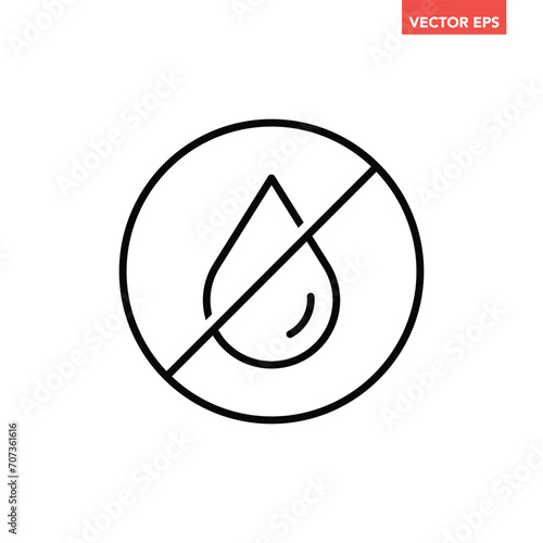Black single round no water badge thin line icon, simple trans fat not contain mark flat design pictogram, infographic vector for app logo web button ui ux interface isolated on white background
