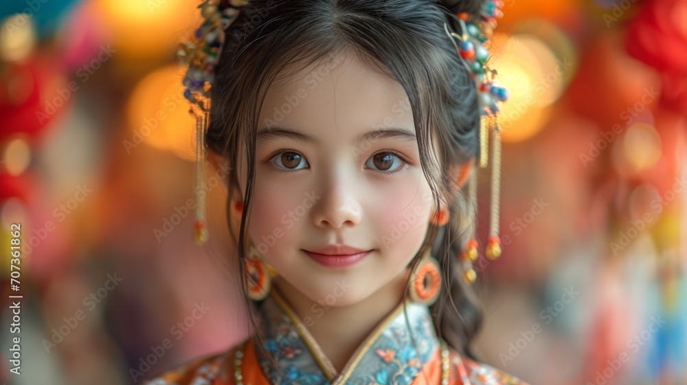 Chinese girl with black hair wearing a hanfu and traditional earrings, bright eyes, and smiles full of tenderness. Their figures reveal the ruddy skin of the plateau. Chinese girl with black hair wearing a hanfu and traditional earrings, bright eyes, and smiles full of tenderness. Their figures reveal the ruddy skin of the plateau.
