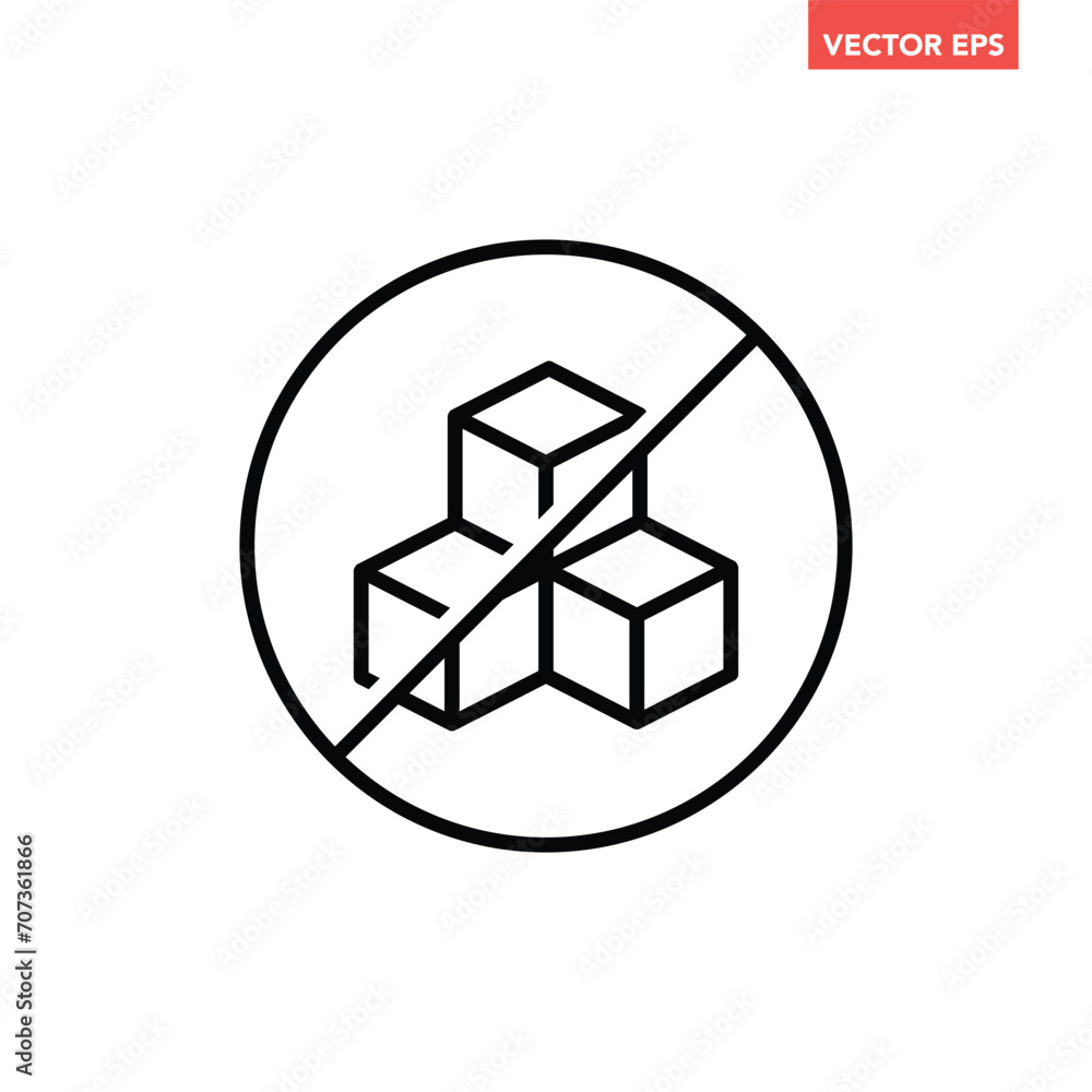 Black single round sugar free thin line icon, simple ingredient no contain mark flat design pictogram, infographic vector for app logo web button ui ux interface isolated on white background