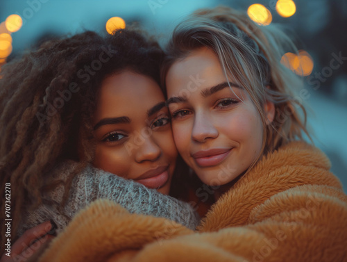 Young multiethnic lesbians sitting together and hugging while dreaming and looking away in blurry urban environment photo