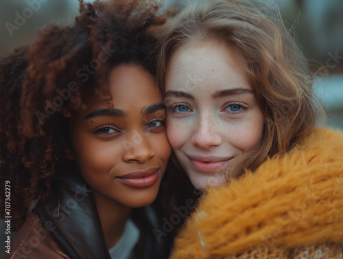 two multiracial friends smiling in front of the camera in the city photo
