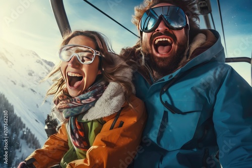 Happy couple of snowboarders having fun. Lift. Winter holidays at a ski resort © May