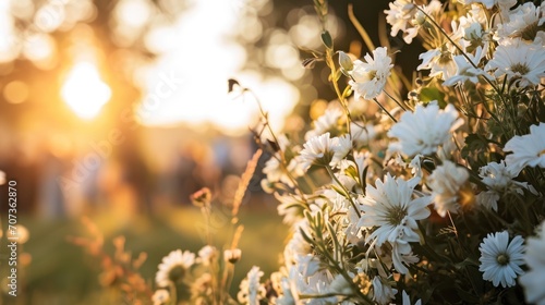  a close up of a bunch of flowers in a field with the sun shining through the trees and grass in the foreground, with a blurry background of people in the background.