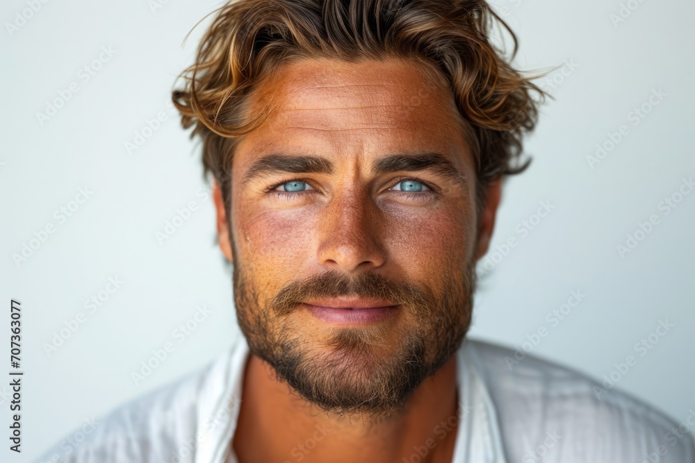 Fototapeta premium A Closeup Portrait of a Handsome European Man with Clean Teeth and Fresh, Stylish, Wind-Blown Blond Hair, Perfect for a Dental Advertisement, Exuding Confidence and a Salon-Inspired, Generative AI