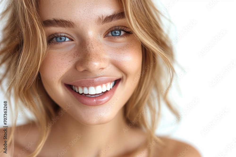 A Closeup Portrait of a Handsome European Woman with a Perfect Smile, Ideal for a Dental Advertisement, Exuding Confidence and Flawless Dental Wellness, Generative AI A Closeup Portrait of a Handsome European Woman with a Perfect Smile, Ideal for a Dental Advertisement, Exuding Confidence and Flawless Dental Wellness, Generative AI