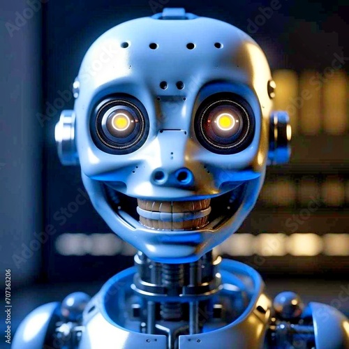 Robot Skull Cyborg Head Machine Science artificial. A realistic silver robot with a skull head design, glowing eyes, intricate details, and metal construction stands against a dark background