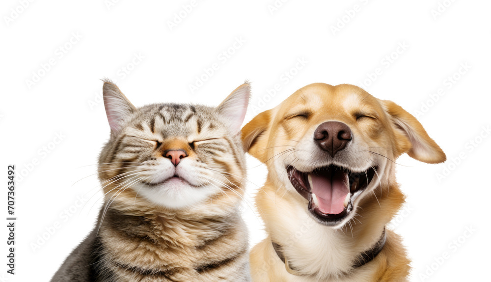 Close-up Funny Happy Smiling Cat and Dog with Closed Eyes Portrait. Isolated on White and PNG Transparent Background. - obrazy, fototapety, plakaty 