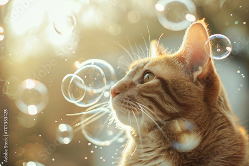 Cat surrounded by soap bubbles. Kitten playing with soap bubbles. Generative AI
