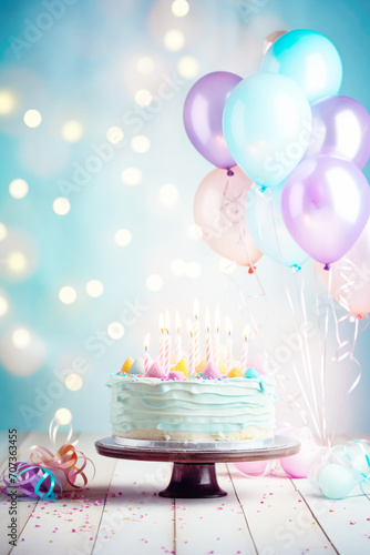Birthday Cake with Candles and Colorful Balloons
