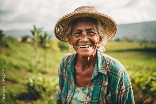 Portrait of a Elderly Woman Farmer in Front of a Farm Background photo