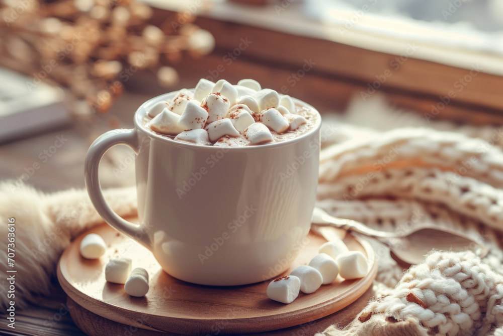 Chocolate hot cocoa in white mug with marshmallows. Generative AI Chocolate hot cocoa in white mug with marshmallows. Generative AI