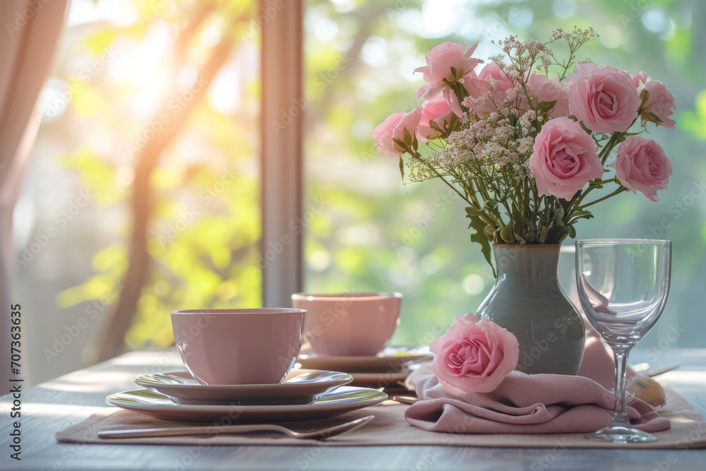 Dining lunch table setup with shades of pink. Generative AI