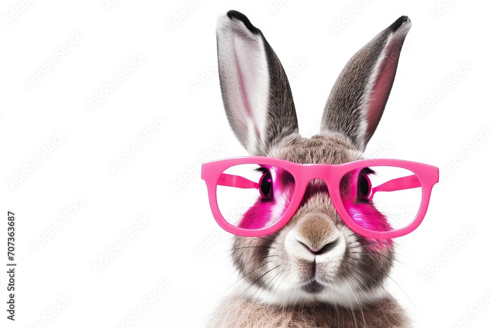 Stylish Easter Bunny. hare portrait with pink glasses. banner with white background Space for Text